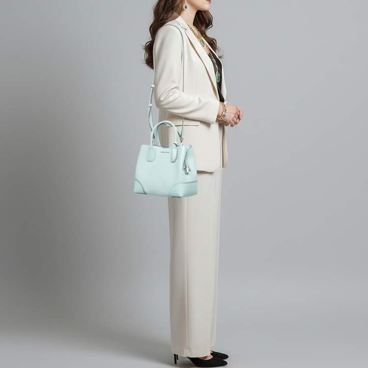 Pre Owned Michael Kors Mercer Gallery Small Light Aqua Green Leather Tote