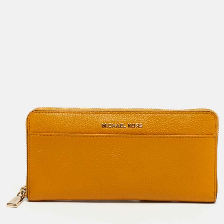 Pre Owned Michael Kors Yellow Leather Zip Around Wallet
