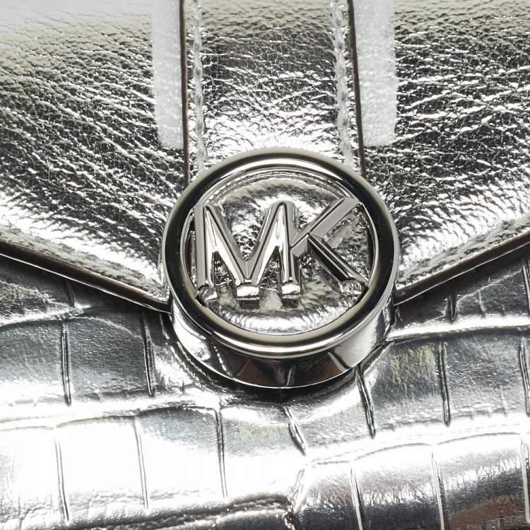 Pre Owned Michael Kors Greenwich Silver Croc Embossed Leather Trifold Wallet