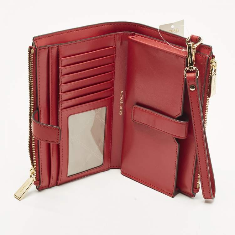 Pre Owned Michael Kors Jet Set Double Zip Red Signature Coated Canvas Wristlet Wallet