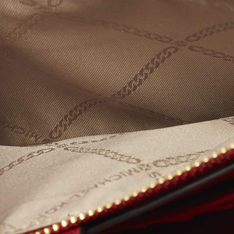 Pre Owned Michael Kors Jet Set Double Zip Red Signature Coated Canvas Wristlet Wallet