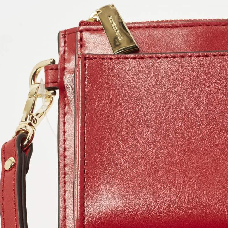 Pre Owned Michael Kors Jet Set Double Zip Red Signature Coated Canvas Wristlet Wallet