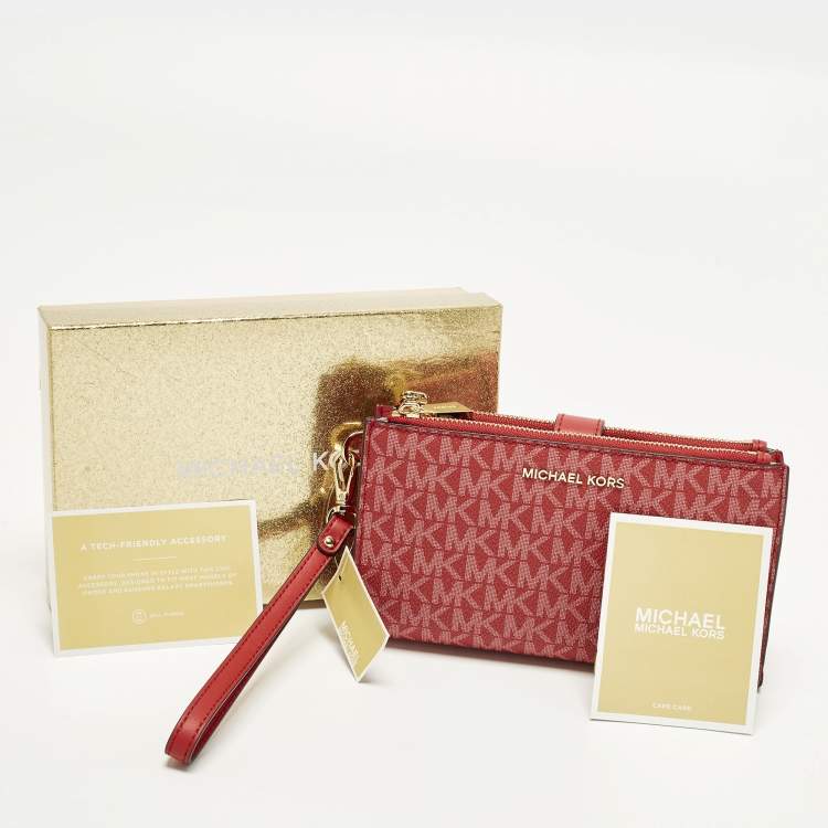 Pre Owned Michael Kors Jet Set Double Zip Red Signature Coated Canvas Wristlet Wallet