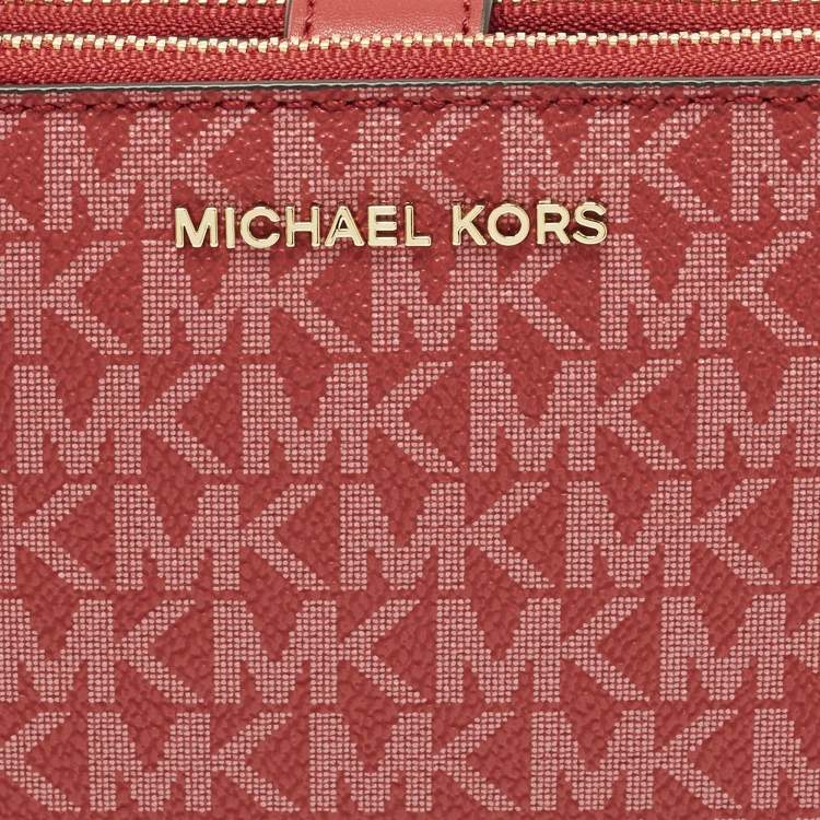 Pre Owned Michael Kors Jet Set Double Zip Red Signature Coated Canvas Wristlet Wallet