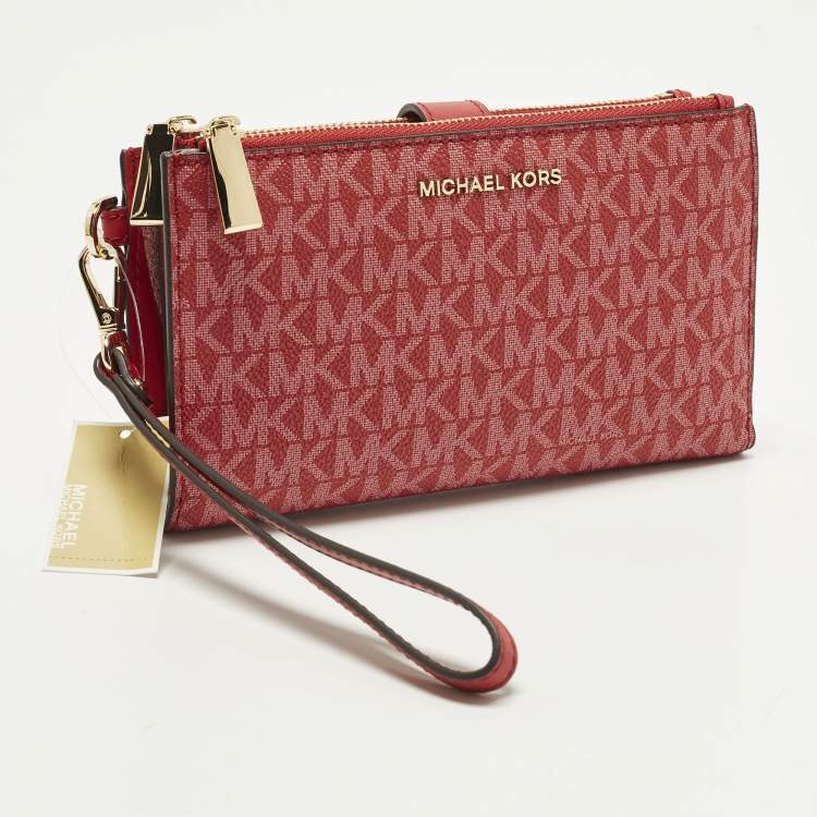 Pre Owned Michael Kors Jet Set Double Zip Red Signature Coated Canvas Wristlet Wallet