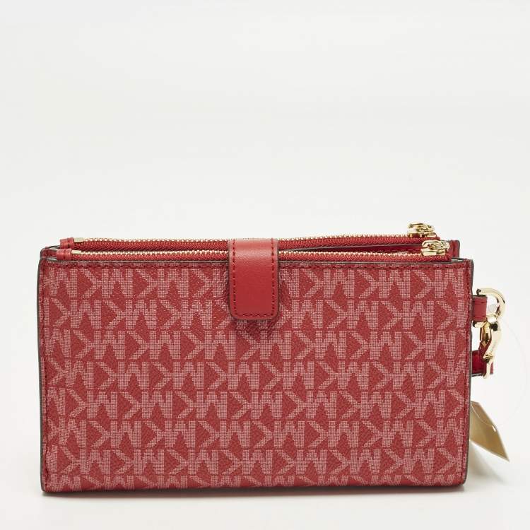 Pre Owned Michael Kors Jet Set Double Zip Red Signature Coated Canvas Wristlet Wallet
