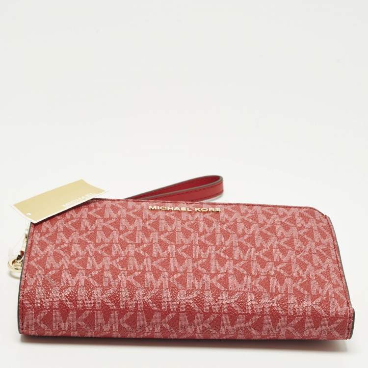 Pre Owned Michael Kors Jet Set Double Zip Red Signature Coated Canvas Wristlet Wallet