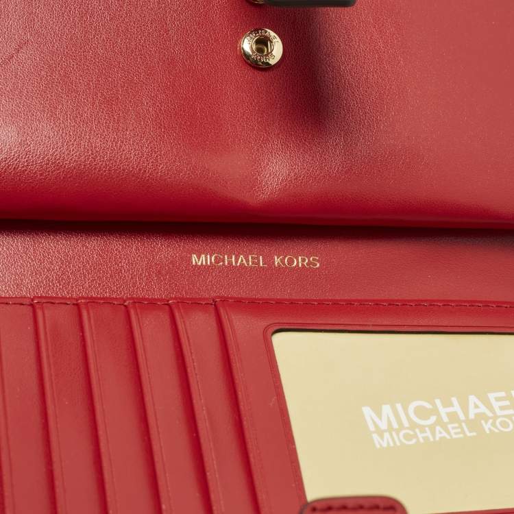Pre Owned Michael Kors Jet Set Double Zip Red Signature Coated Canvas Wristlet Wallet