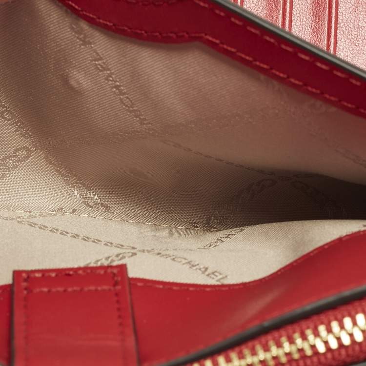 Pre Owned Michael Kors Jet Set Double Zip Red Signature Coated Canvas Wristlet Wallet