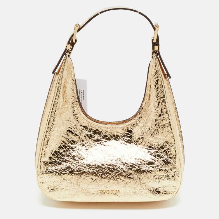 Pre Owned Michael Kors Nolita Small Gold Crinkled Patent Leather Hobo 