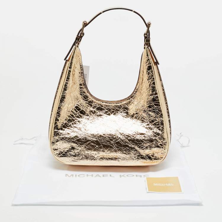 Pre Owned Michael Kors Nolita Small Gold Crinkled Patent Leather Hobo 