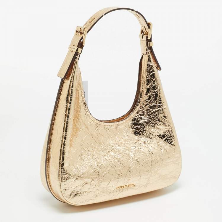 Pre Owned Michael Kors Nolita Small Gold Crinkled Patent Leather Hobo 