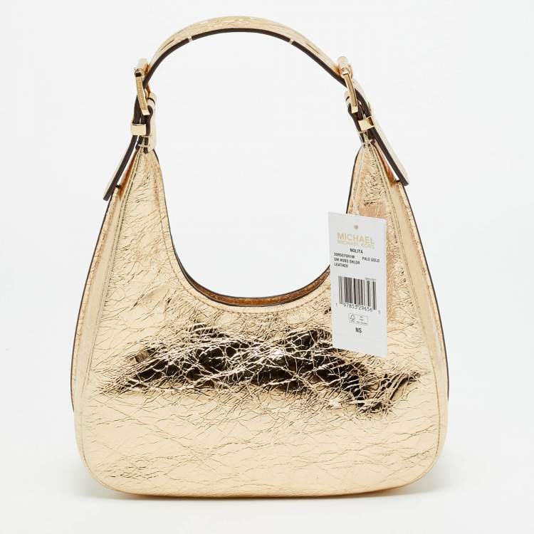 Pre Owned Michael Kors Nolita Small Gold Crinkled Patent Leather Hobo 