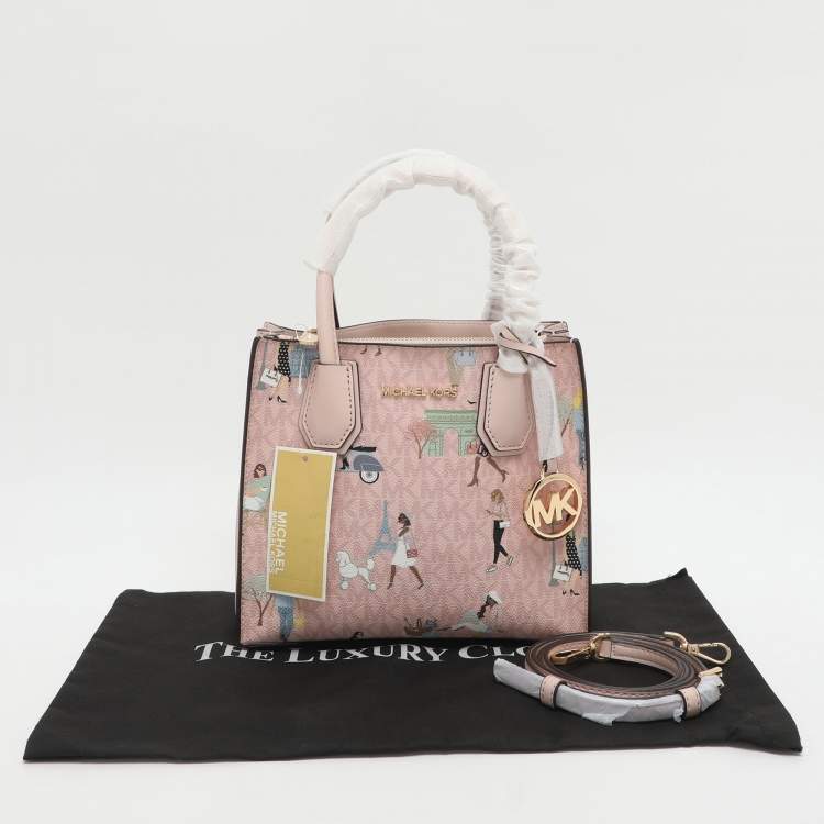 Pre Owned Michael Kors Mercer Medium Light Pink/Beige Signature Coated Canvas and Leather Tote