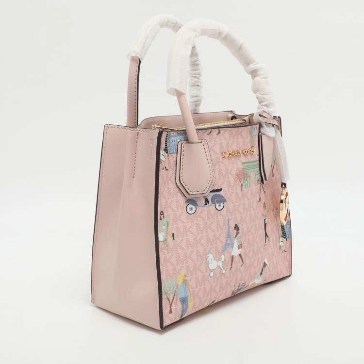 Pre Owned Michael Kors Mercer Medium Light Pink/Beige Signature Coated Canvas and Leather Tote
