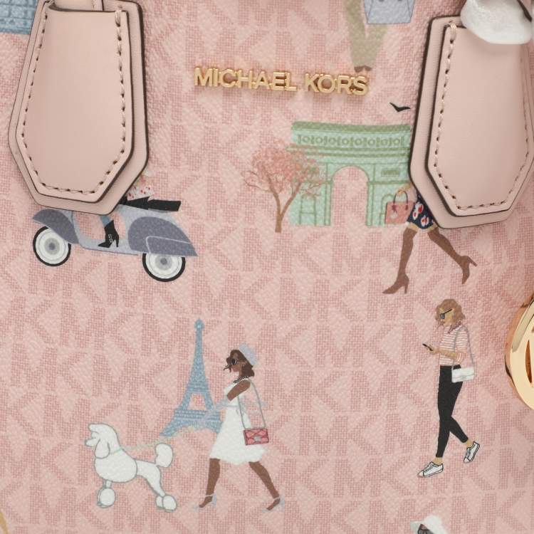 Pre Owned Michael Kors Mercer Medium Light Pink/Beige Signature Coated Canvas and Leather Tote