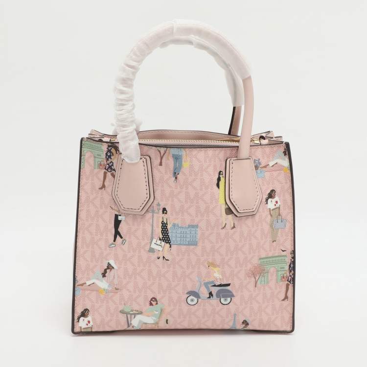 Pre Owned Michael Kors Mercer Medium Light Pink/Beige Signature Coated Canvas and Leather Tote