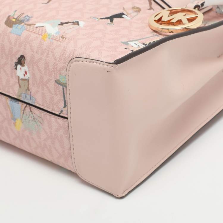 Pre Owned Michael Kors Mercer Medium Light Pink/Beige Signature Coated Canvas and Leather Tote