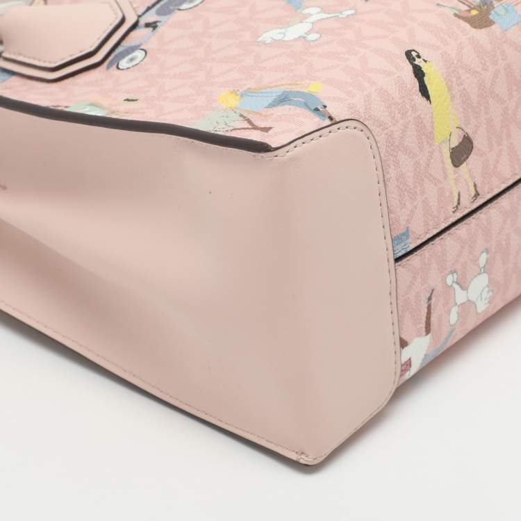 Pre Owned Michael Kors Mercer Medium Light Pink/Beige Signature Coated Canvas and Leather Tote