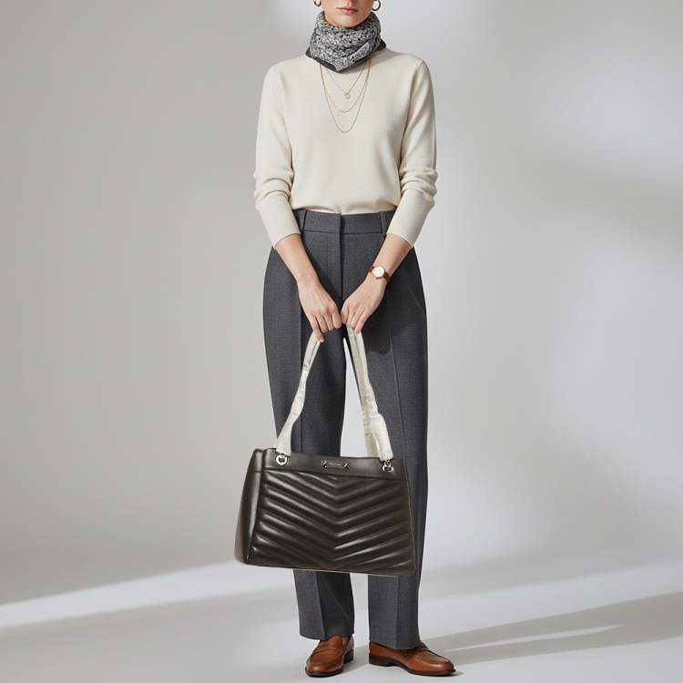 Pre Owned Michael Kors Whitney Medium Black Quilted Faux Leather Chain Tote