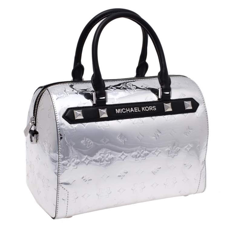 Pre Owned Michael Kors Metallic Silver Mirror Leather Kara Boston Bag