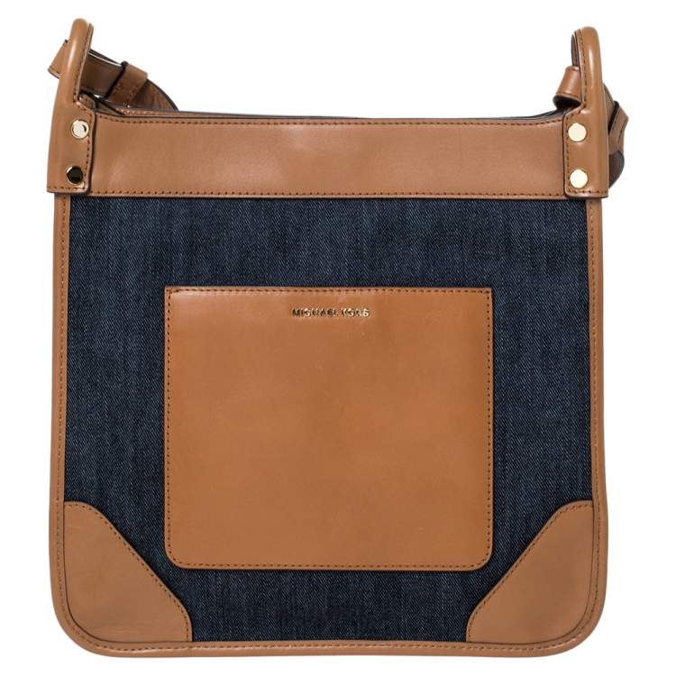 Pre Owned Michael Kors Blue/Brown Denim and Leather Large Sullivan Messenger Bag