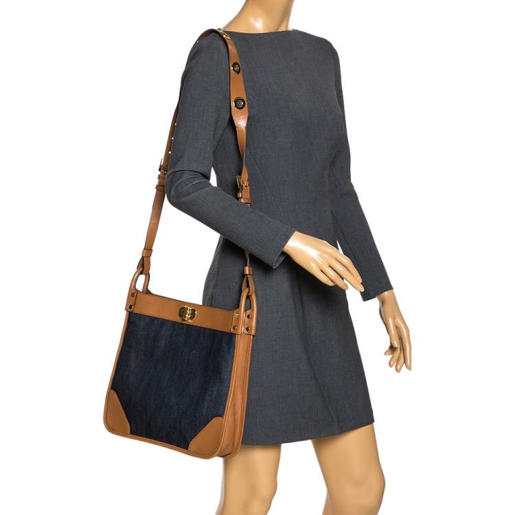 Pre Owned Michael Kors Blue/Brown Denim and Leather Large Sullivan Messenger Bag
