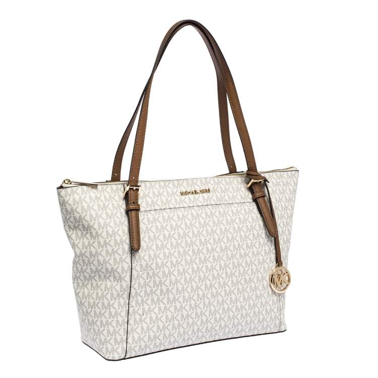 Pre Owned Michael Kors Vanilla White Signature Coated Canvas Large Ciara Tote
