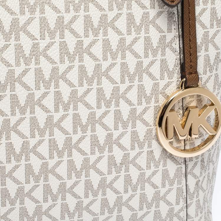 Pre Owned Michael Kors Vanilla White Signature Coated Canvas Large Ciara Tote