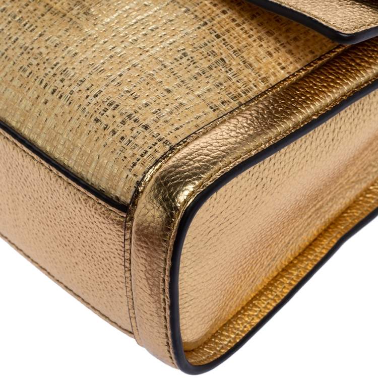 Pre Owned Michael Kors Gold Straw and Leather Kinsley Shoulder Bag