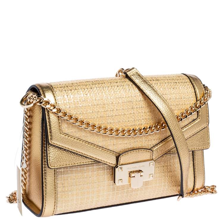 Pre Owned Michael Kors Gold Straw and Leather Kinsley Shoulder Bag