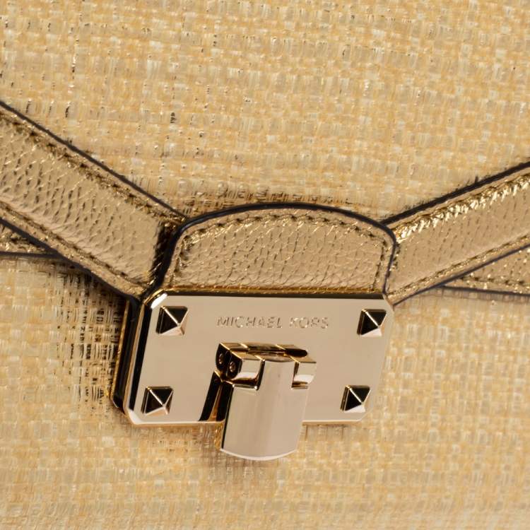 Pre Owned Michael Kors Gold Straw and Leather Kinsley Shoulder Bag