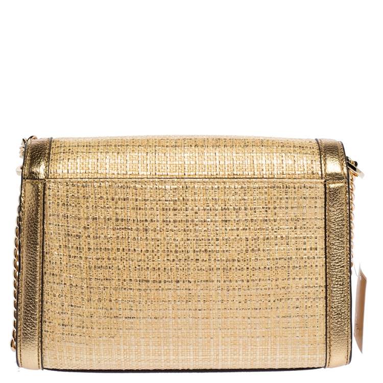 Pre Owned Michael Kors Gold Straw and Leather Kinsley Shoulder Bag