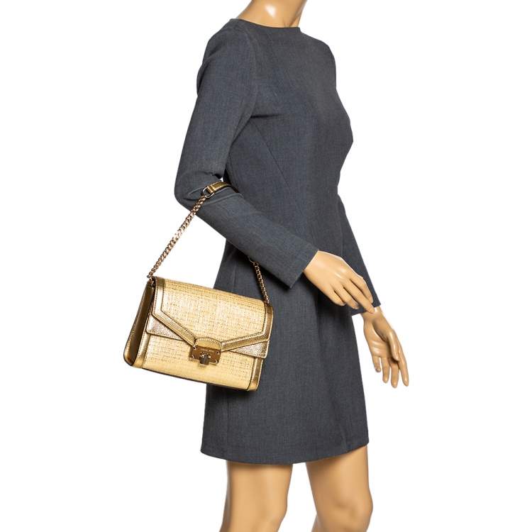 Pre Owned Michael Kors Gold Straw and Leather Kinsley Shoulder Bag