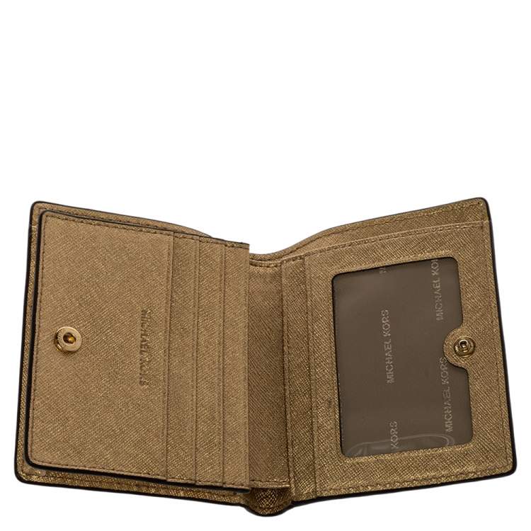 Pre Owned Michael Kors Gold Textured Leather Flap Card Holder 
