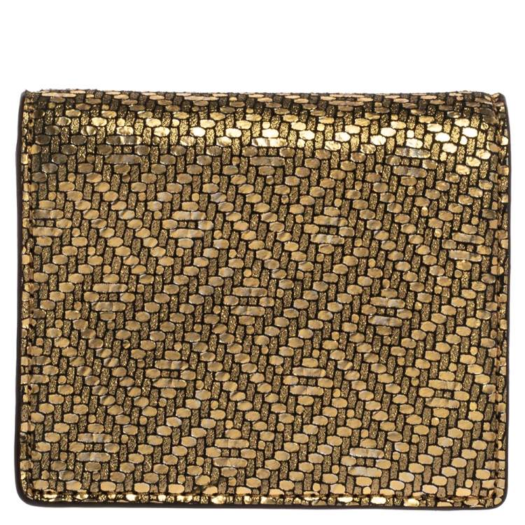Pre Owned Michael Kors Gold Textured Leather Flap Card Holder 