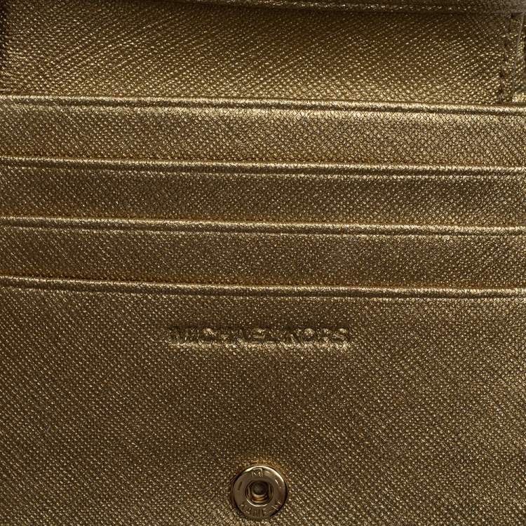 Pre Owned Michael Kors Gold Textured Leather Flap Card Holder 