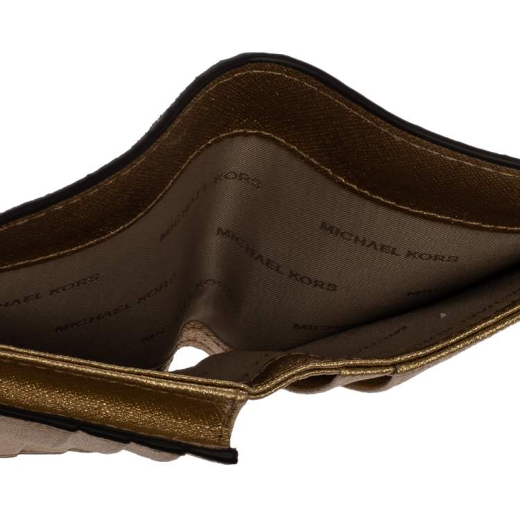 Pre Owned Michael Kors Gold Textured Leather Flap Card Holder 