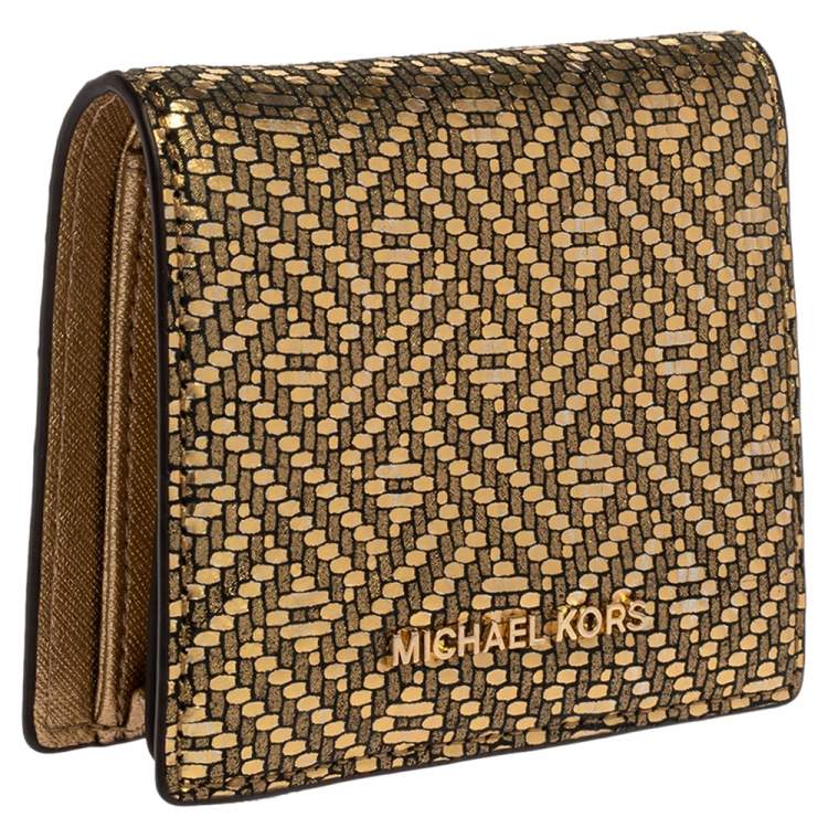 Pre Owned Michael Kors Gold Textured Leather Flap Card Holder 