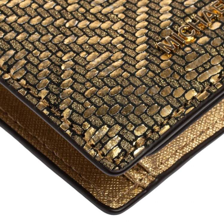 Pre Owned Michael Kors Gold Textured Leather Flap Card Holder 