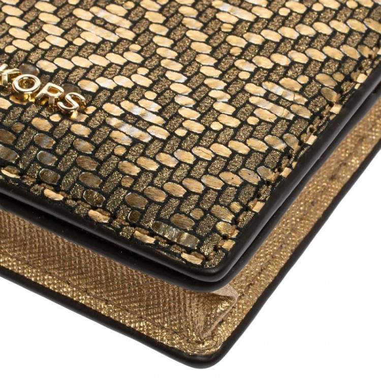 Pre Owned Michael Kors Gold Textured Leather Flap Card Holder 