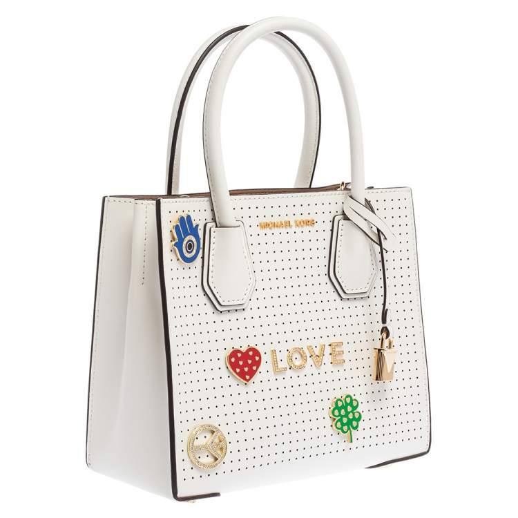 Pre Owned Michael Kors White Perforated Leather Mercer Love Tote