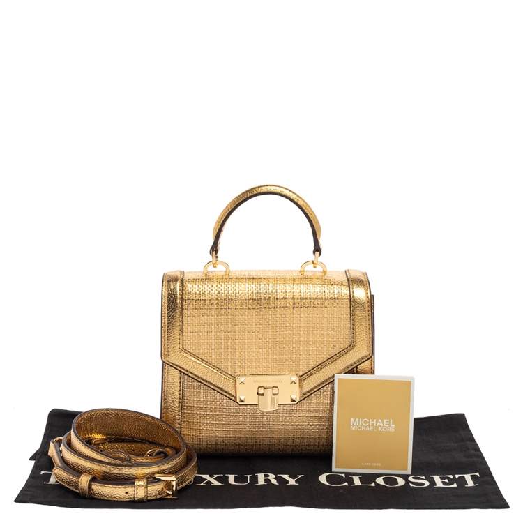 Pre Owned Michael Kors Gold Woven Straw and Leather XS Kinsley Top Handle Bag