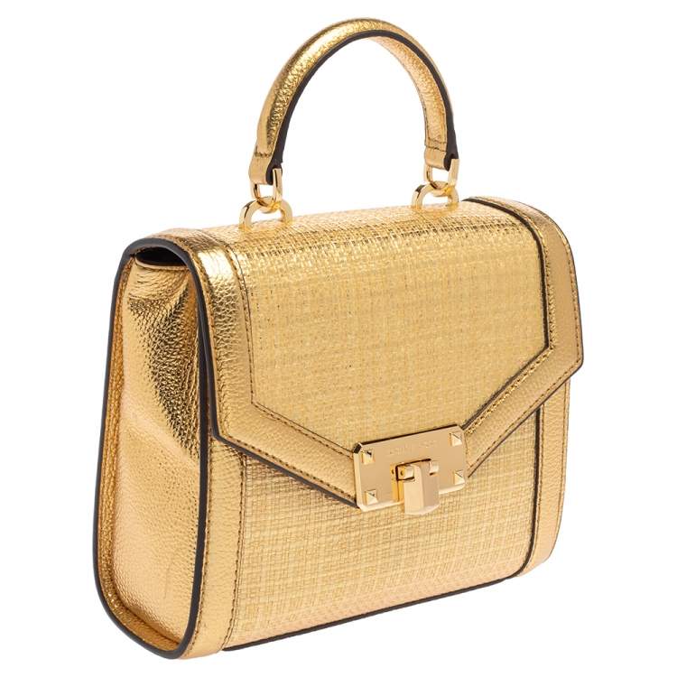 Pre Owned Michael Kors Gold Woven Straw and Leather XS Kinsley Top Handle Bag