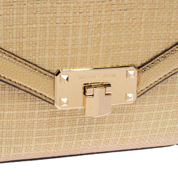 Pre Owned Michael Kors Gold Woven Straw and Leather XS Kinsley Top Handle Bag
