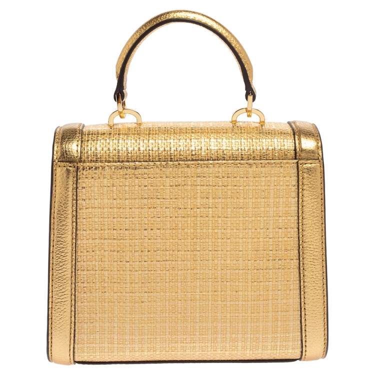 Pre Owned Michael Kors Gold Woven Straw and Leather XS Kinsley Top Handle Bag