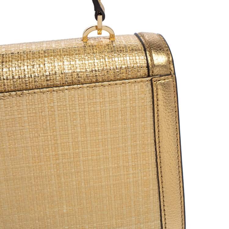 Pre Owned Michael Kors Gold Woven Straw and Leather XS Kinsley Top Handle Bag