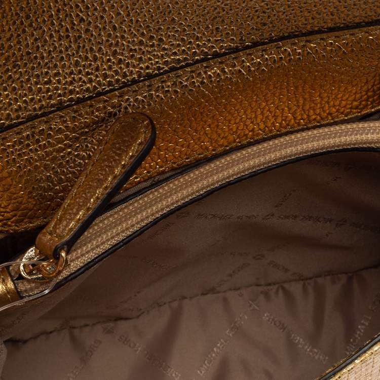 Pre Owned Michael Kors Gold Woven Straw and Leather XS Kinsley Top Handle Bag