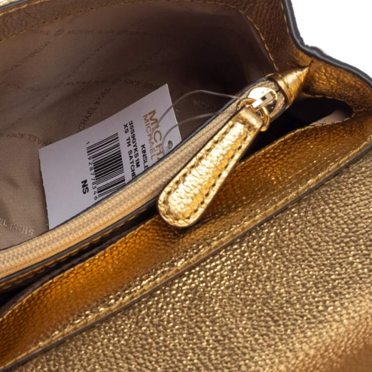 Pre Owned Michael Kors Gold Woven Straw and Leather XS Kinsley Top Handle Bag