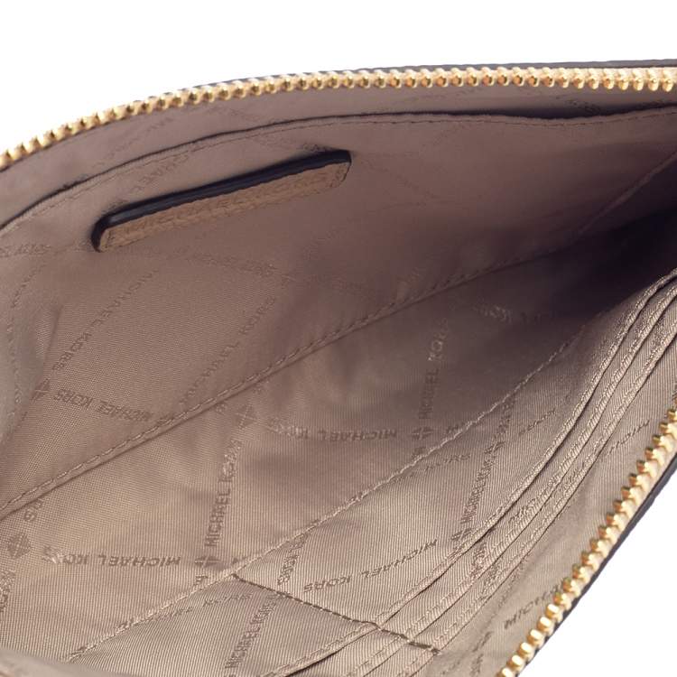 Pre Owned Michael Kors Beige Leather Large Jet Set Wristlet Clutch